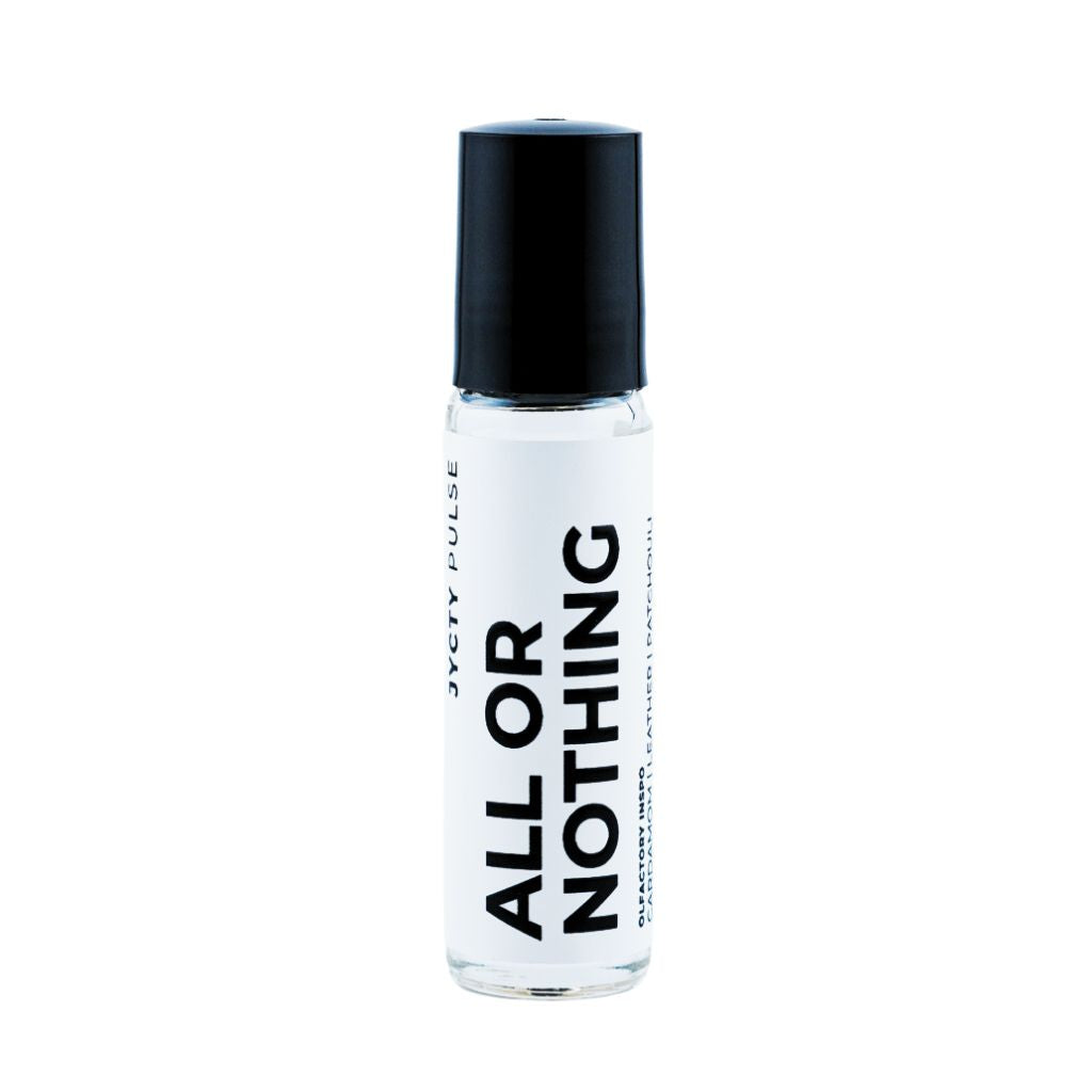 Roll-on bottle with black cap and 'All or Nothing' text on a white background
