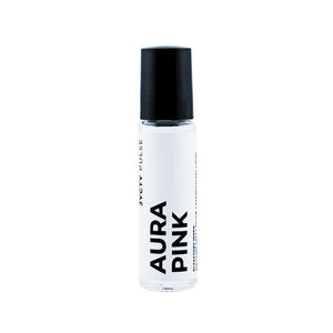 Clear bottle with black cap labeled 'Aura Pink' on a white background