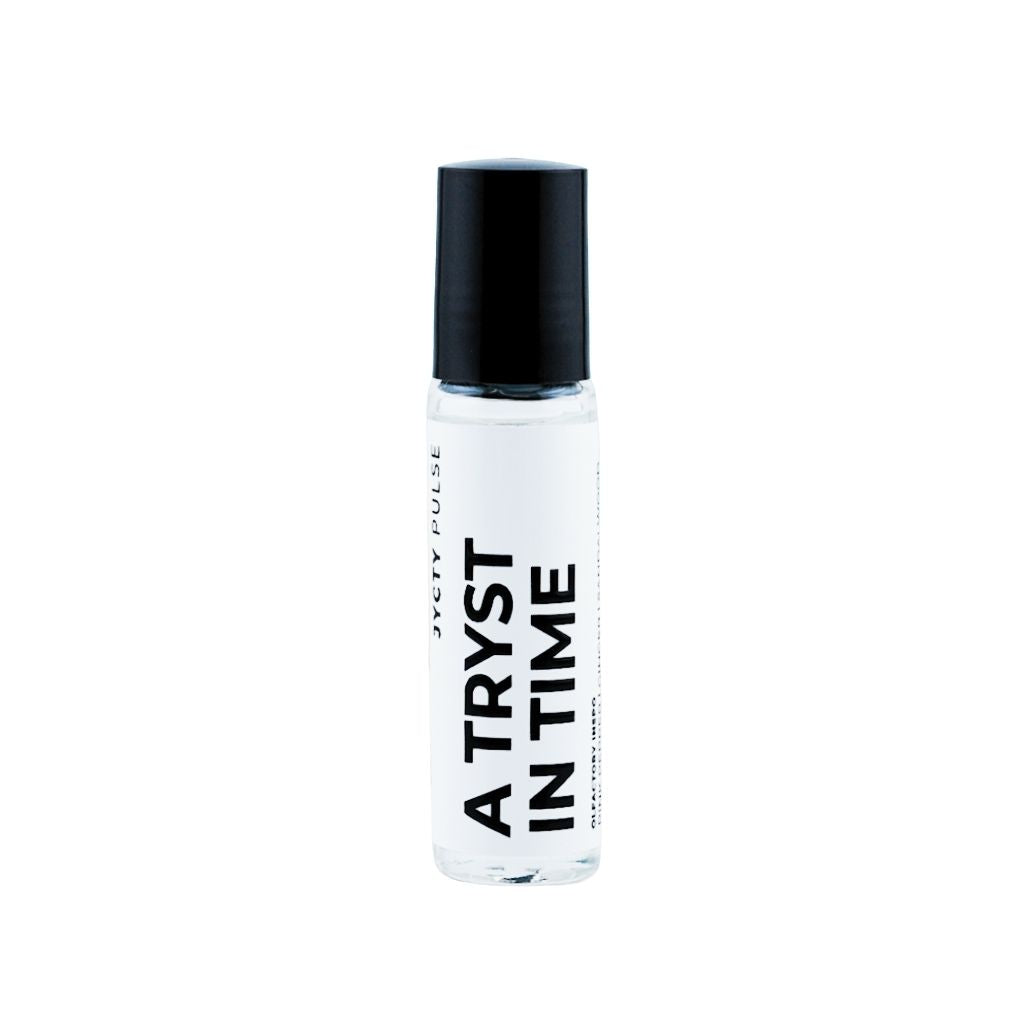 Small bottle with black cap and white label on a white background