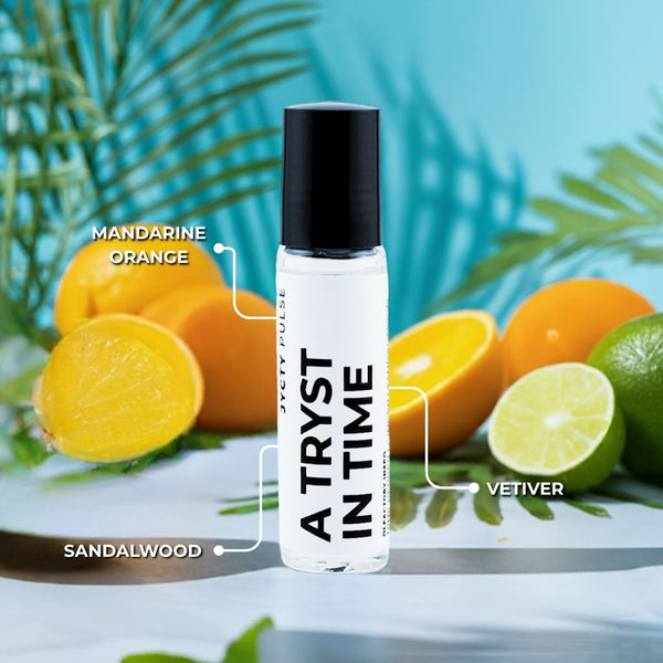 Roll-on bottle with citrus fruits on a light blue background