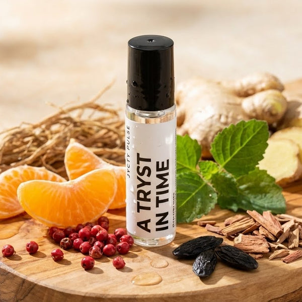 A perfume oil bottle of 'A Tryst in Time' on a wooden board with fruits, nuts, and herbs.