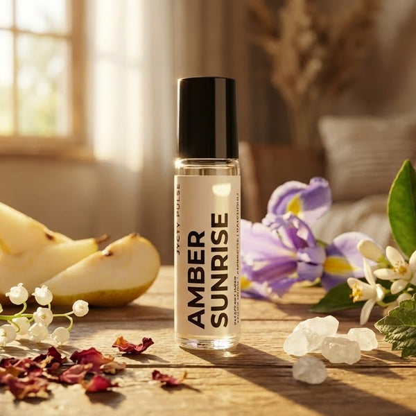 Amber Sunrise perfume oil roll-on bottle on a wooden surface with pears, flowers, and leaves.