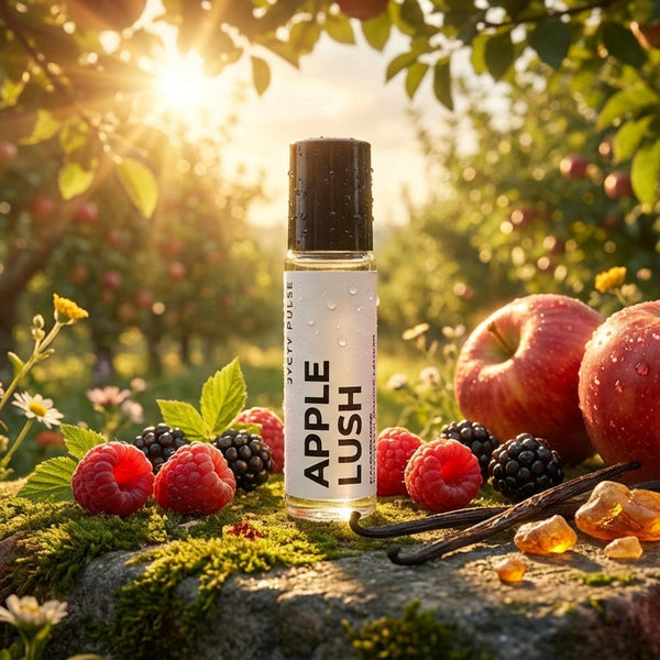 Apple Lush perfume oil bottle in an apple orchard with apples and flowers.