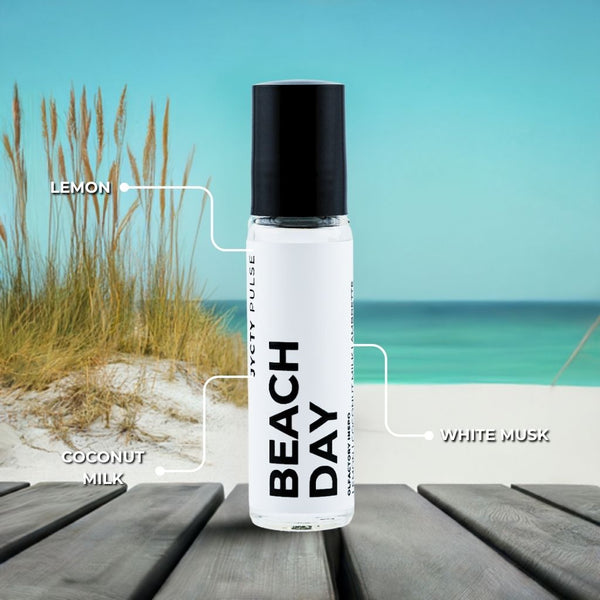 Bottle of 'Beach Day' cologne with beach scenery in the background