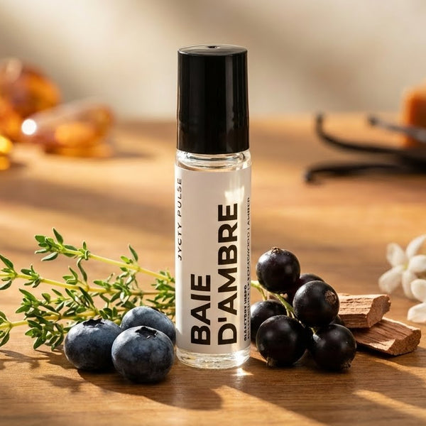 Roll-on bottle labeled 'Bâie d'Ambre' on a wooden surface with berries and flowers.