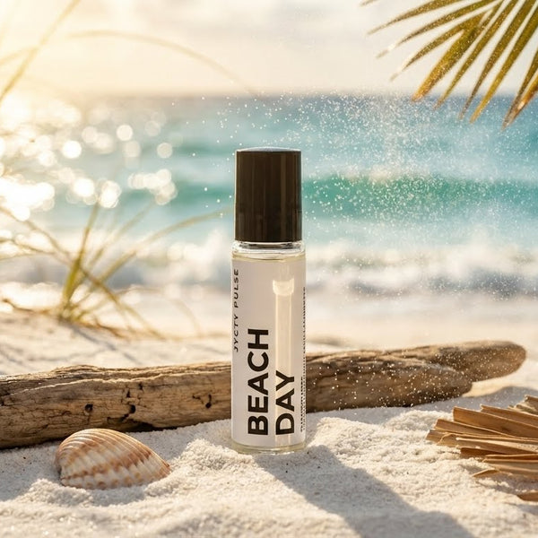 Roll-on perfume oil bottle labeled 'Beach Day' on a sandy beach with ocean and palm leaves in the background
