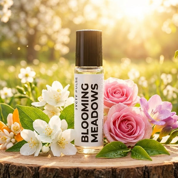 Roll-on bottle of 'Blooming Meadows' on a wooden surface with flowers in a natural setting. long-lasting vegan perfume oil