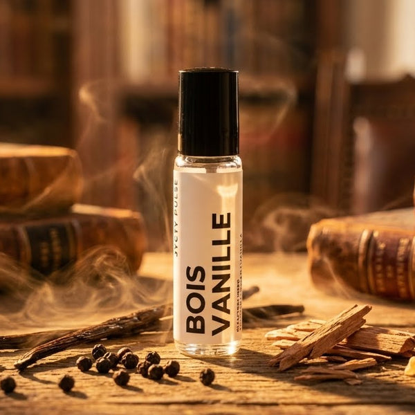 Bois Vanille perfume oil bottle on a wooden surface with vanilla beans and cinnamon sticks.