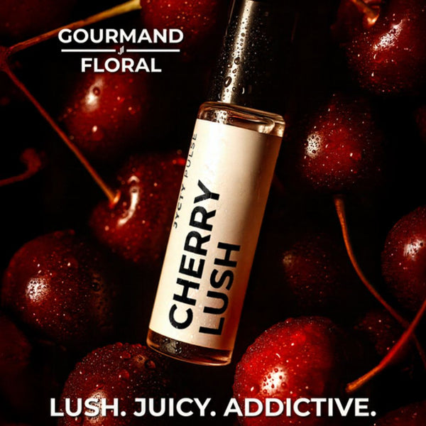 Bottle of 'Cherry Lush' with cherries in the background, featuring the brand 'Gourmand Floral'.