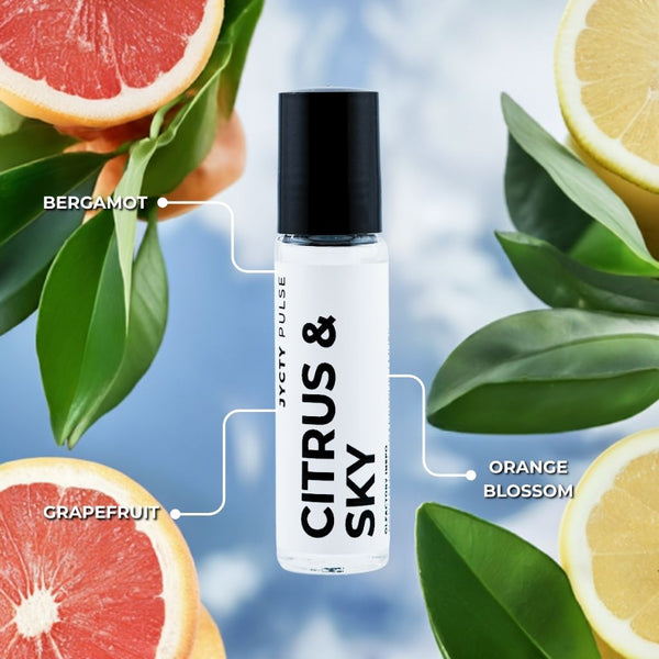 Product bottle labeled 'Citrus & Sky' with citrus fruits and leaves on a light blue background