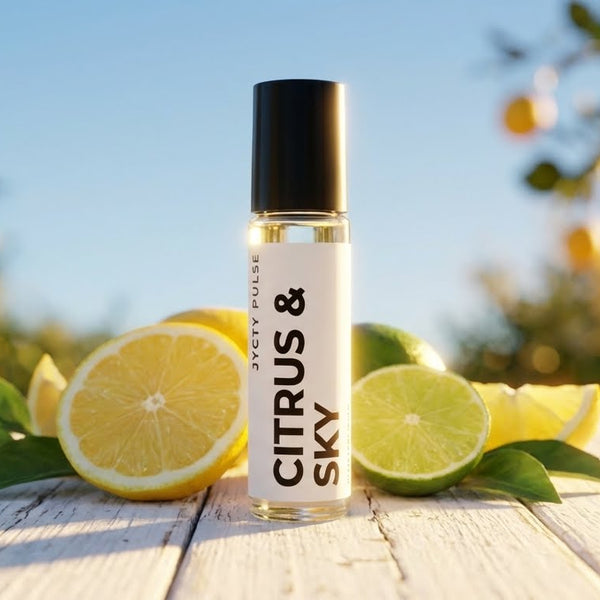Roll-on perfume oil bottle labeled 'Citrus & Sky' with lemons and lime on a wooden surface