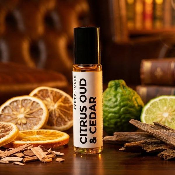 Perfume oil Bottle of Citrus Oud & Cedar perfume with dried citrus fruits and wood chips on a wooden surface.