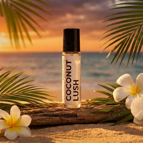 Coconut Lush roll-on oil bottle on a beach with flowers and palm leaves