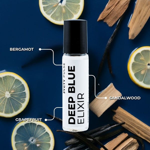 DEEP BLUE ELIXIR bottle with ingredients like bergamot, sandalwood, and grapefruit on a blue background