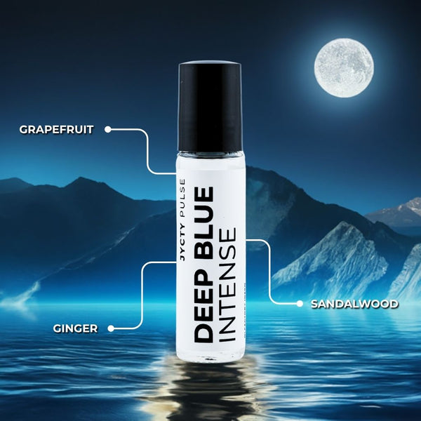 Bottle of Deep Blue Intense perfume with mountain and moon background