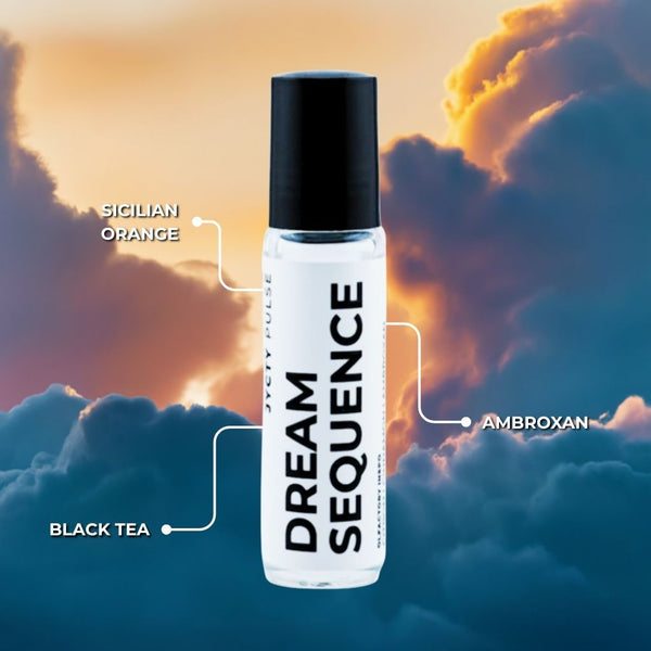 Roll-on bottle labeled 'Dream Sequence' with cloud background
