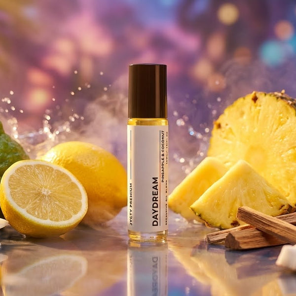 Daydream rollerball with tropical fruits and plants on a reflective surface