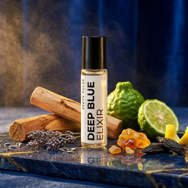 perfume oil Bottle of 'Deep Blue Elixir' with ingredients on a dark surface