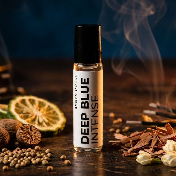 Bottle of Deep Blue Intense cologne oil with aromatic items on a wooden surface