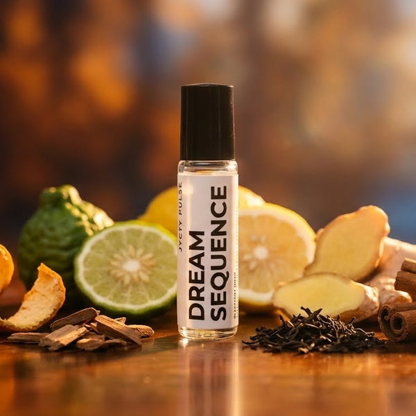 Roll-on perfume oil bottle labeled 'Dream Sequence' on a wooden surface with citrus and spice elements.