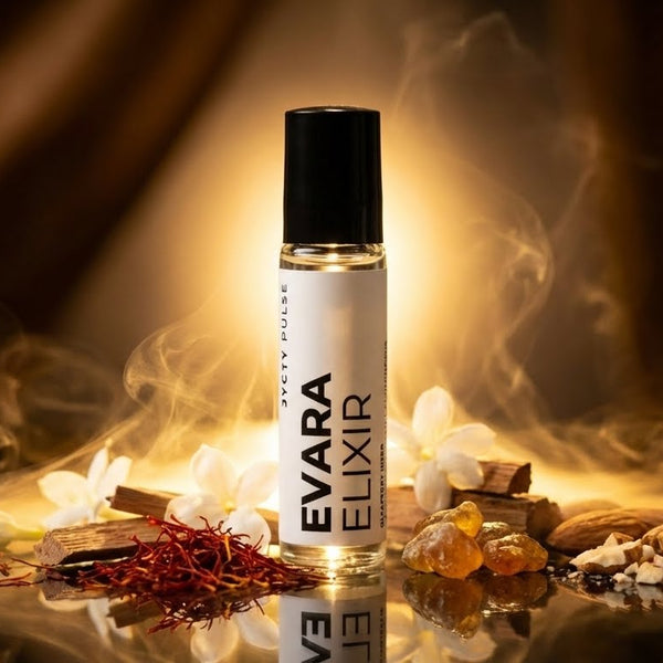 Evara Elixir perfume oil bottle with smoke and spices on a dark background. long lasting and vegan oil by JYCTY