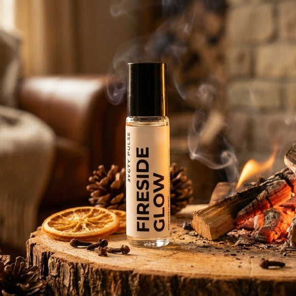 Fireside Glow product on a wooden stump with a fireplace in the background