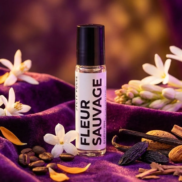 Roll-on bottle labeled 'Fleur Sauvage' with flowers and spices on a purple fabric background