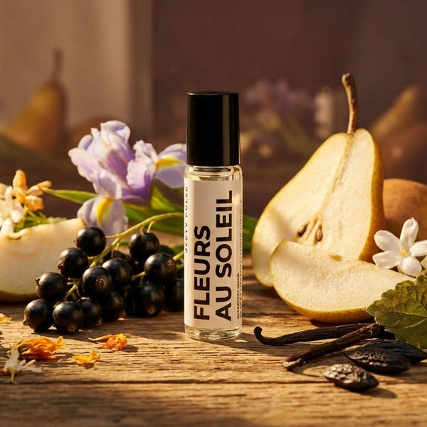Fleurs au Soleil perfume oil bottle on a wooden surface with pears and flowers. beautiful woman perfume oil