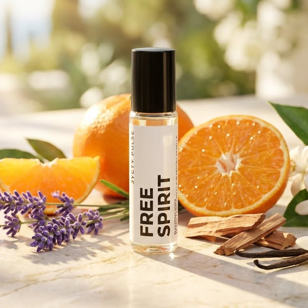 Perfume oil bottle labeled 'Free Spirit' with oranges, flowers, and herbs on a wooden surface.