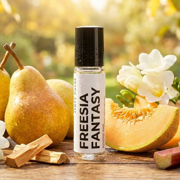 Freesia Fantasy rollerball perfume oil with pears, flowers, and fruits on a wooden surface. long lasting and vegan oil for her. she will love it