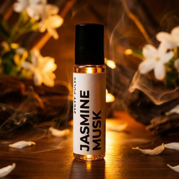 Roll-on perfume oil bottle of Jasmine Musk perfume surrounded by jasmine flowers on a wooden surface.