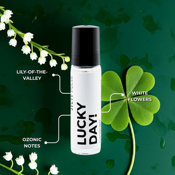 Floral green Lucky perfume oil featuring white flowers and fresh leaves
