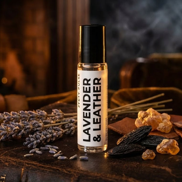 Lavender & Leather perfume bottle on a wooden surface with lavender flowers and a fireplace in the background