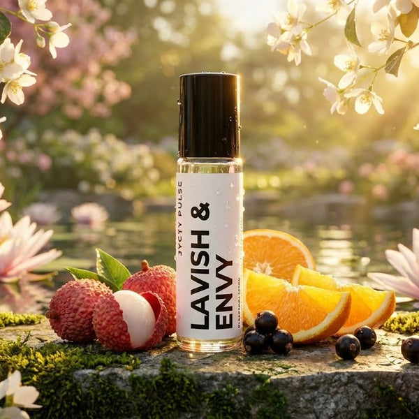 Perfume oil Roll-up bottle labeled 'Lavish & Envy' surrounded by flowers and fruits on a natural background