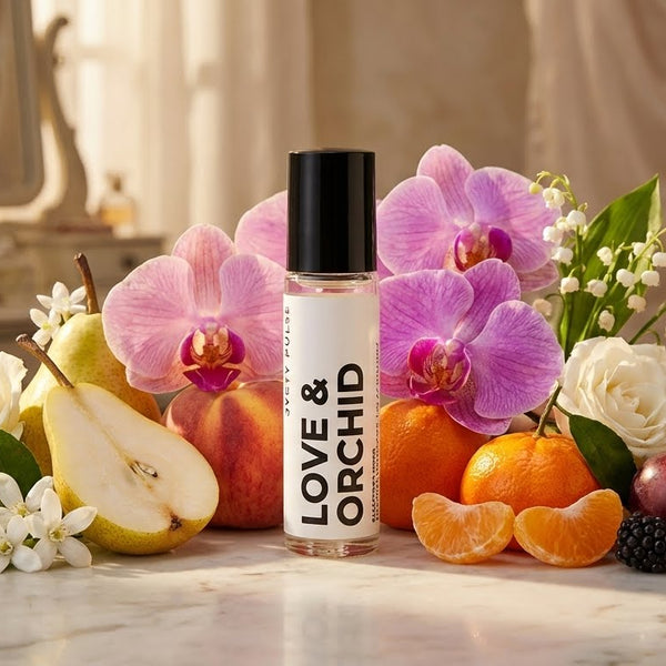 Love & Orchid perfume oil roll-on bottle surrounded by fruits and flowers on a marble surface.