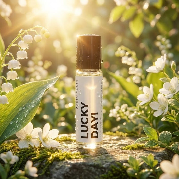 Roll-on perfume bottle labeled 'Lucky Day' surrounded by white flowers and green leaves with sunlight filtering through. long lasting and vegan oil by JYCTY