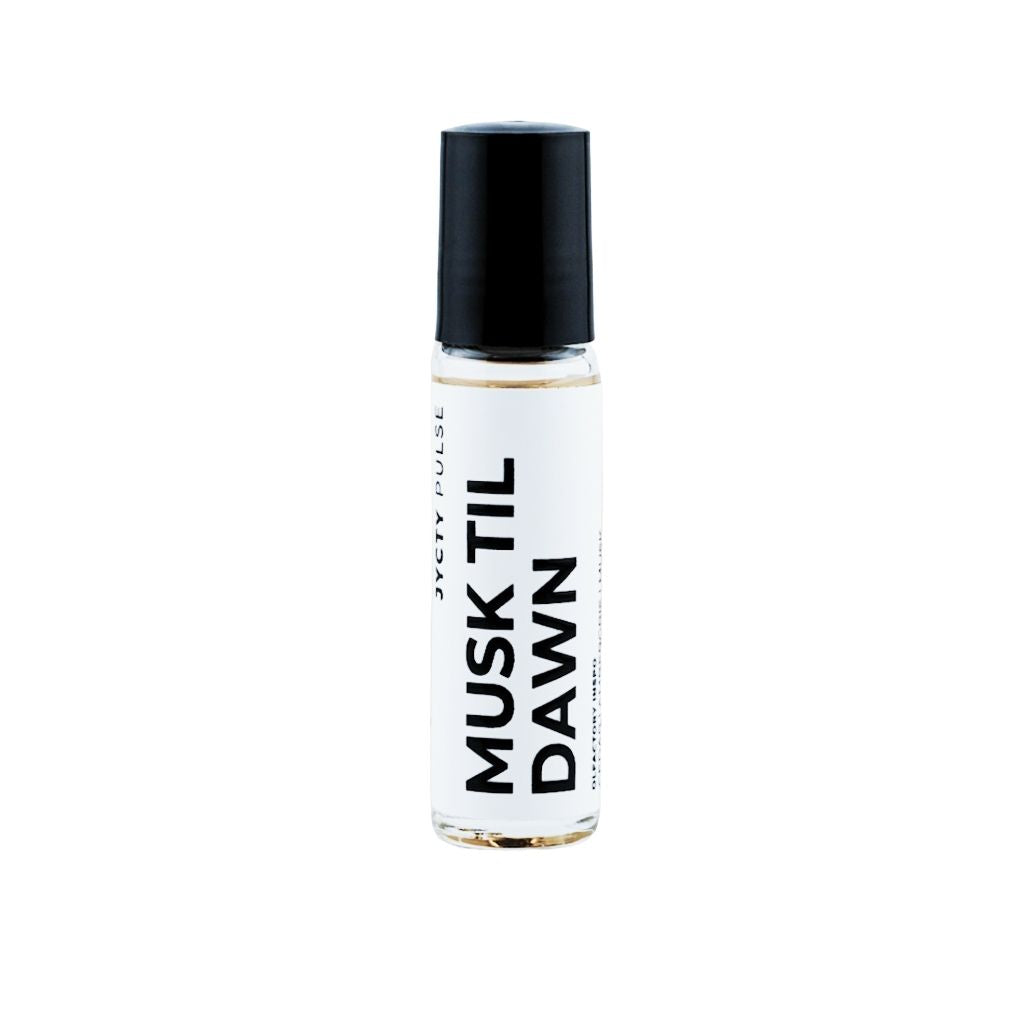 Roll-on bottle labeled 'Musk Til Dawn' on a white background