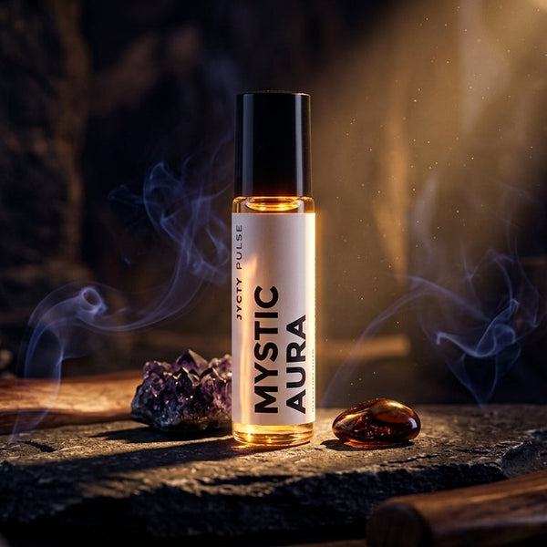 Mystic Aura rollerball with lavender and stones on a dark background