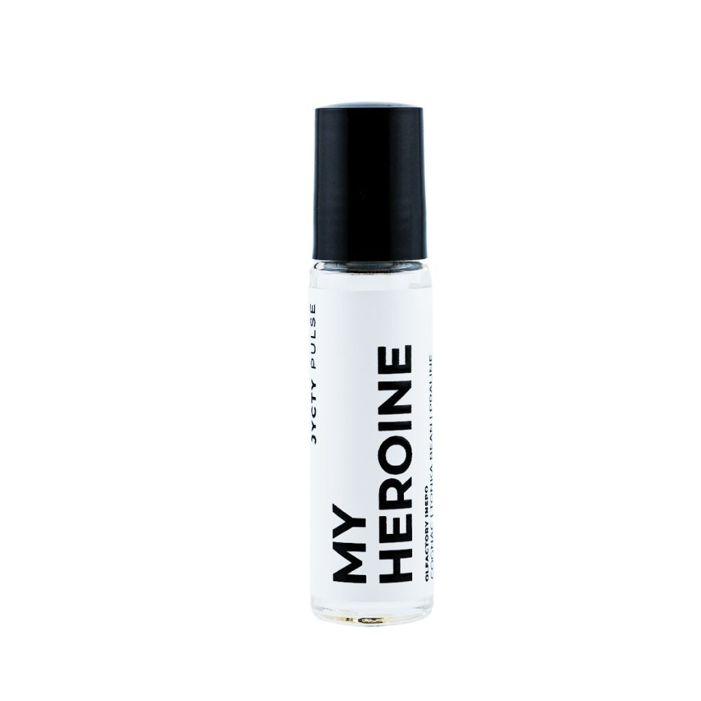 Perfume bottle labeled 'My Heroine' on a white background