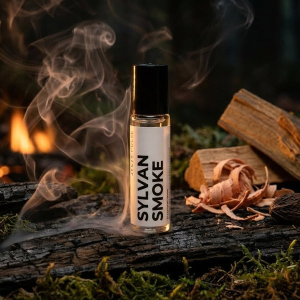 Sylvan Smoke perfume oil roll-on product bottle with smoke and wooden elements on a dark background