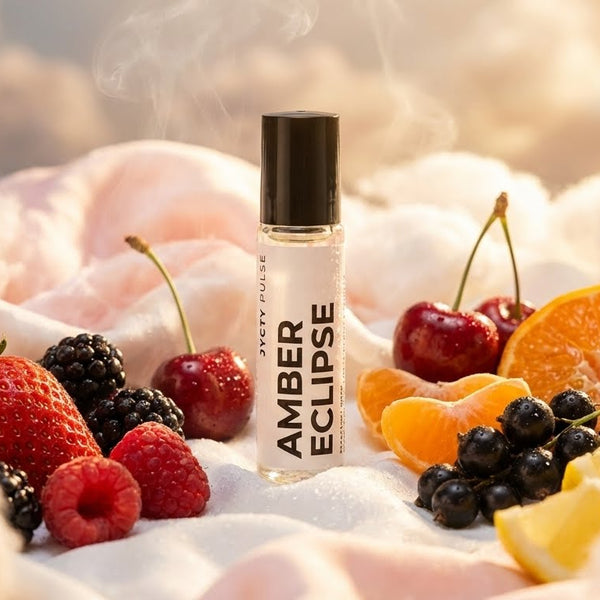 Perfume oil roll-on bottle labeled 'Amber Eclipse' surrounded by fruits and berries on a soft fabric background. long lasting popular women's scent. Vegan and cruelty-free 