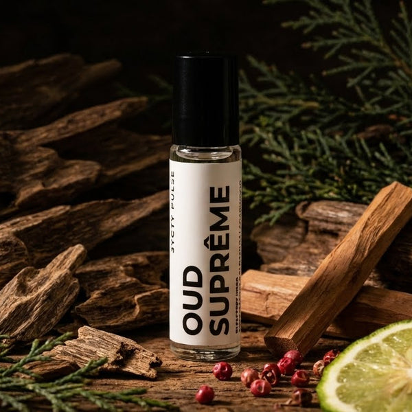 Roll-on bottle labeled 'Oud Supreme' on a wooden surface with spices and citrus fruit.