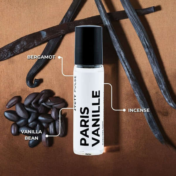 Roll-on bottle labeled 'Paris Vanille' with vanilla beans and vanilla pods on a brown background