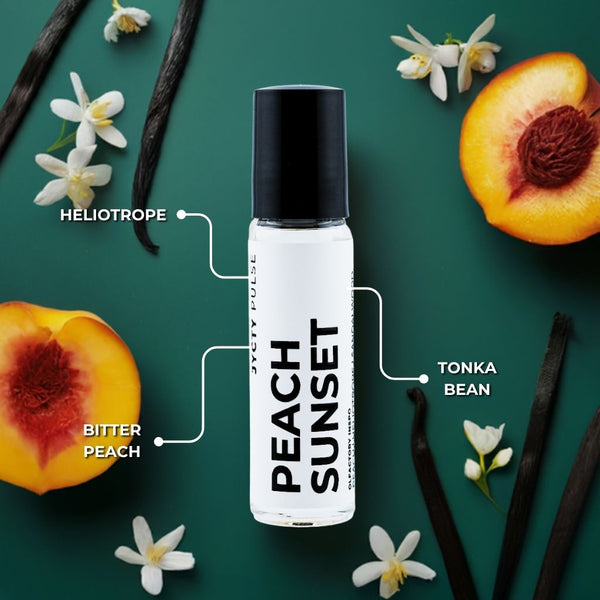 Bottle of 'Peach Sunset' with ingredients labeled on a green background