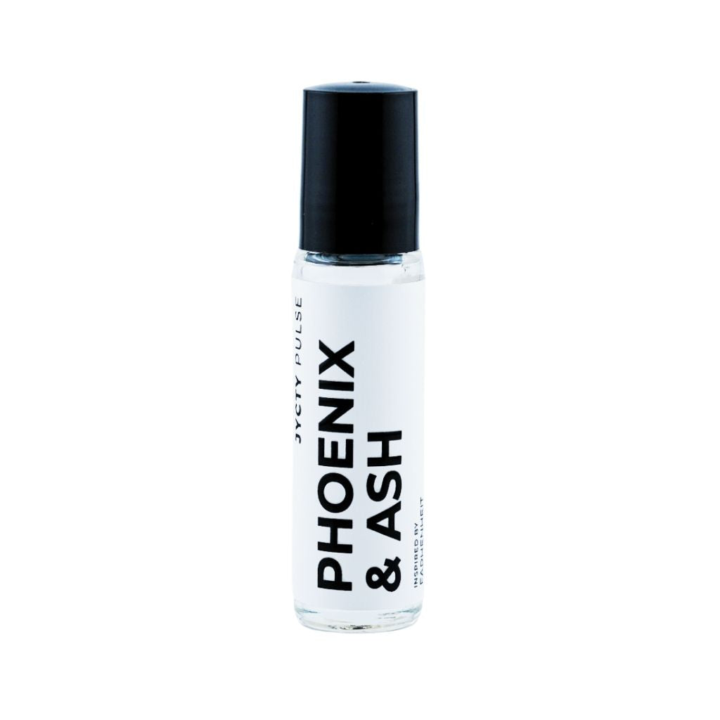 Clear bottle with black cap labeled 'Phoenix & Ash' on a white background
