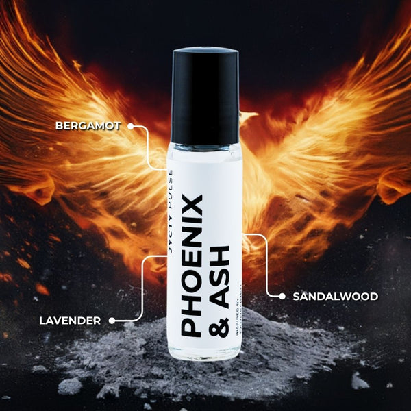 Roll-on bottle labeled 'Phoenix & Ash' with fiery background
