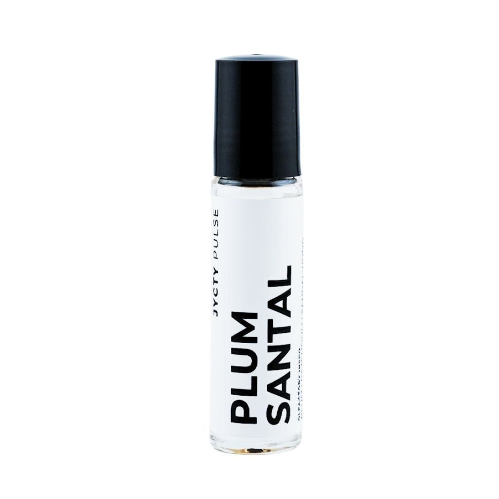Roll-on bottle labeled 'Plum Santal' on a white background