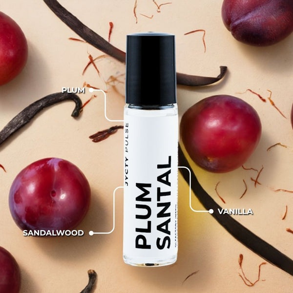 Roll-on bottle labeled 'Plum Santal' with plum, sandalwood, and vanilla on a beige background
