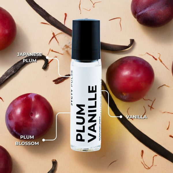 Roll-on bottle labeled 'Plum Vanille' with plums and vanilla beans on a beige background
