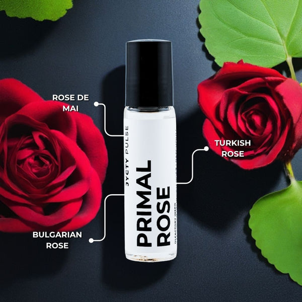 Perfume bottle labeled 'Primal Rose' with three types of roses on a dark background